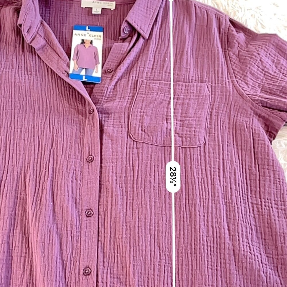 Women's Anne Klein Purple Crinkle‎ Button Down Shirt L - Picture 8 of 10